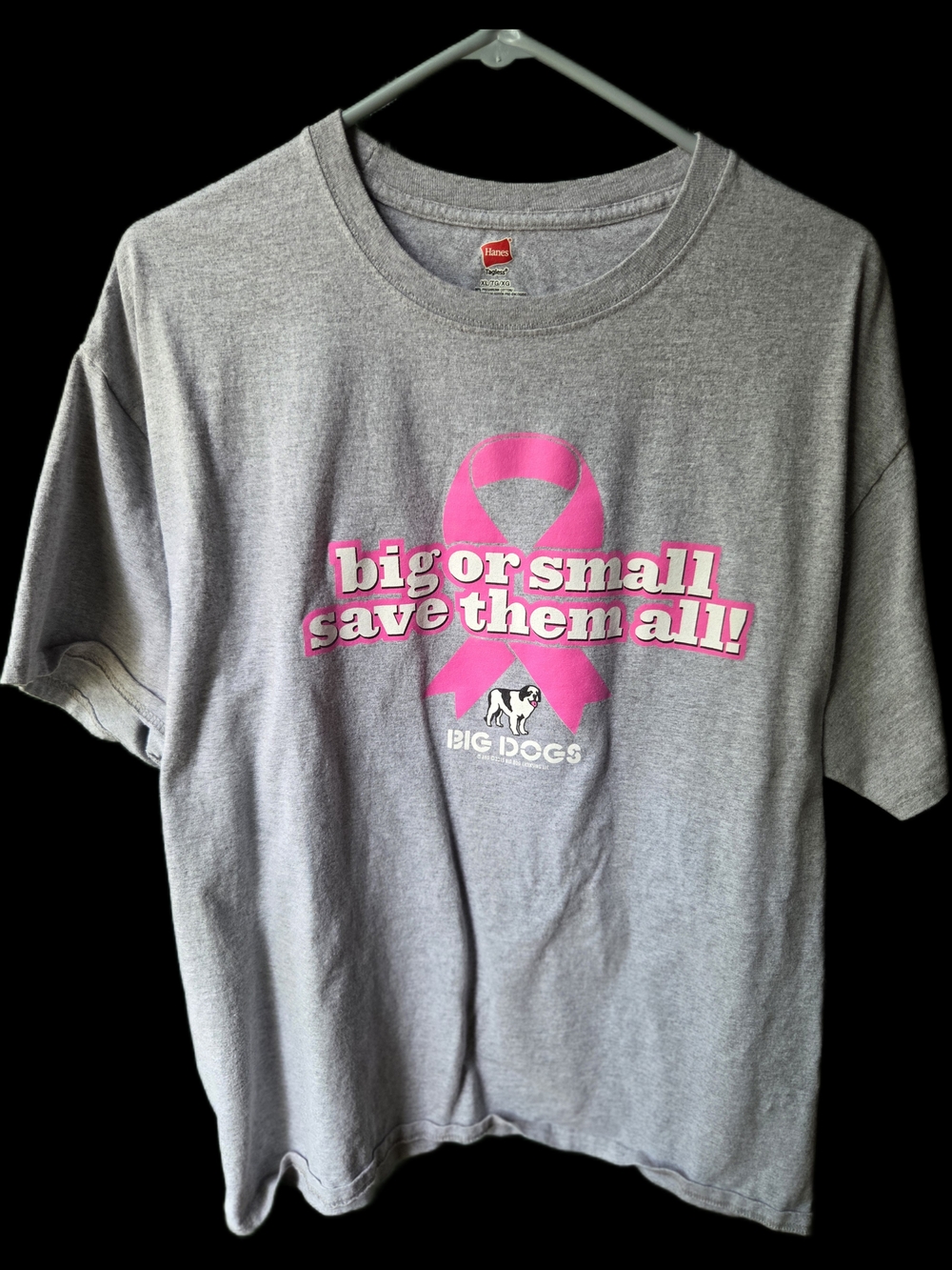 Big Dogs Gray Tee with Pink Ribbon Graphic